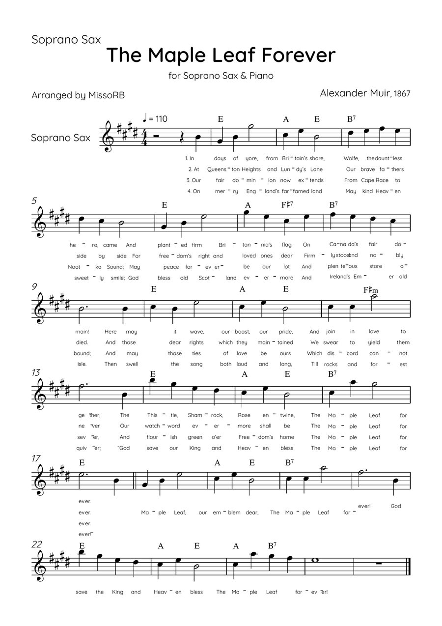 The Maple Leaf Forever - Soprano Sax & Piano in D Major With Chords & Lyrics Soprano Saxophone scores gallery preview page 3