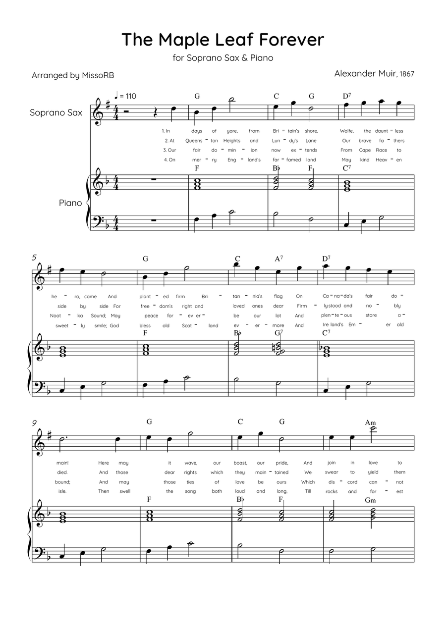 The Maple Leaf Forever - Soprano Sax & Piano in F Major With Chords & Lyrics Soprano Saxophone scores gallery preview page 1