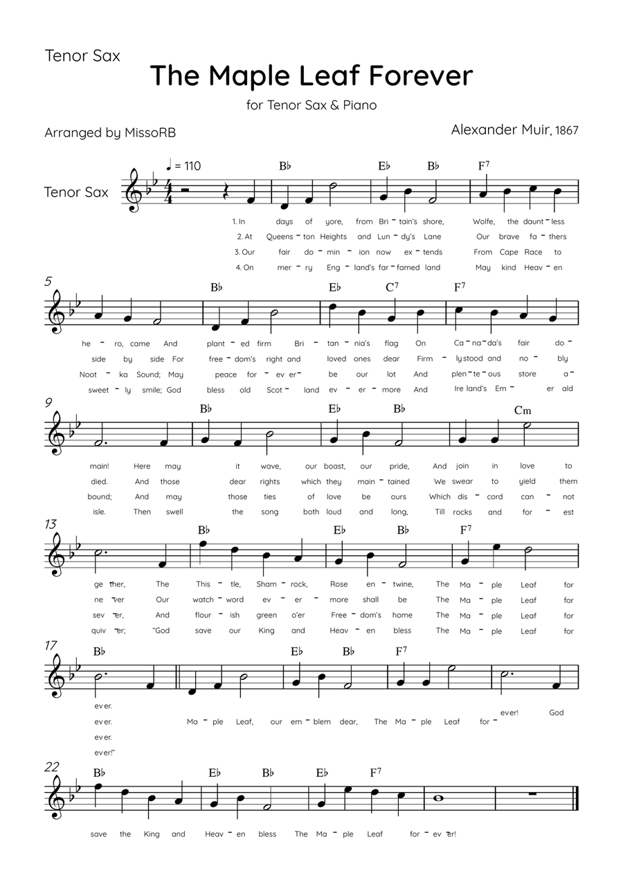 The Maple Leaf Forever - Tenor Sax & Piano in Ab Major With Chords & Lyrics Tenor Saxophone scores gallery preview page 3