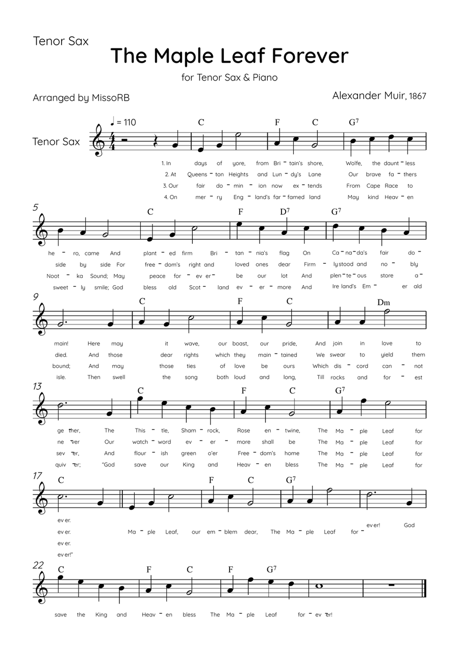 The Maple Leaf Forever - Tenor Sax & Piano in Bb Major With Chords & Lyrics Tenor Saxophone scores gallery preview page 3