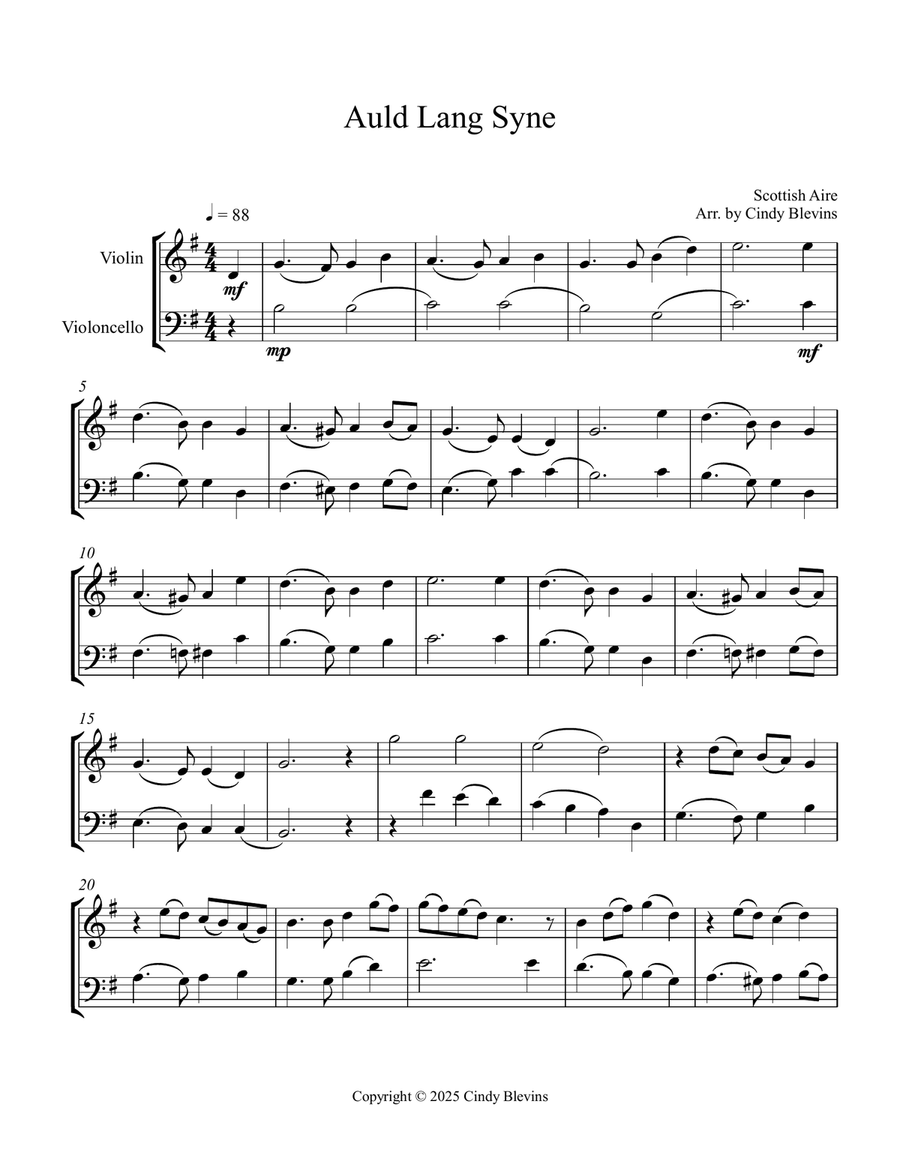 Auld Lang Syne, for Violin and Cello String Duet scores gallery preview page 3