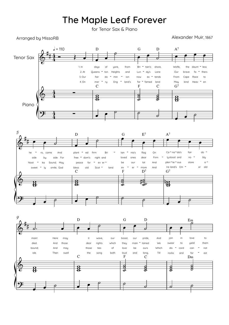 The Maple Leaf Forever - Tenor Sax & Piano in C Major With Chords & Lyrics Tenor Saxophone scores gallery preview page 1