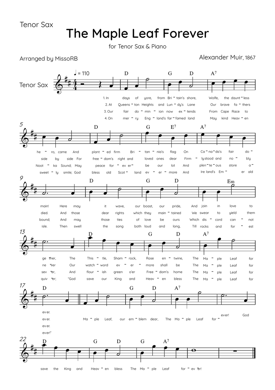 The Maple Leaf Forever - Tenor Sax & Piano in C Major With Chords & Lyrics Tenor Saxophone scores gallery preview page 3