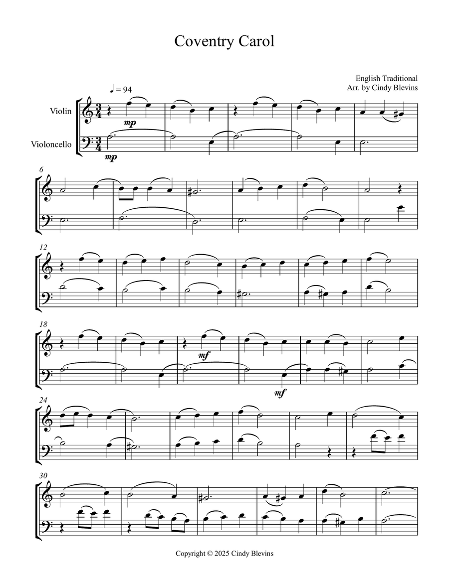 Coventry Carol, for Violin and Cello String Duet scores gallery preview page 3