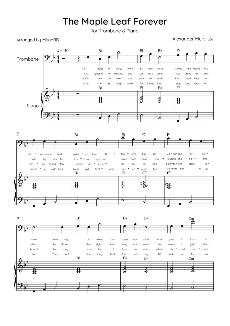 The Maple Leaf Forever - Trombone & Piano in Bb Major With Chords & Lyrics Piano Accompaniment scores gallery preview page 1
