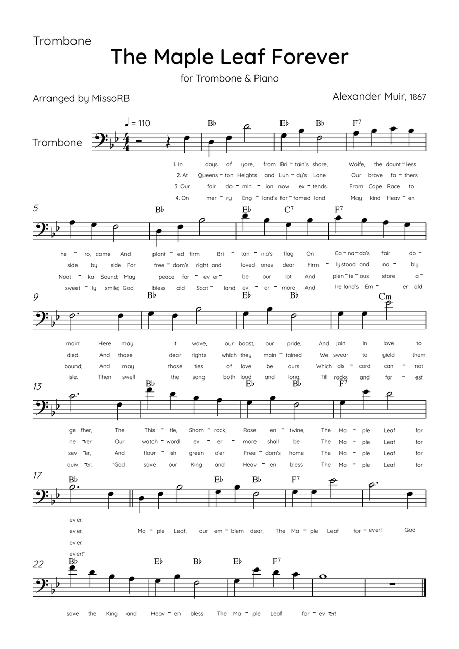 The Maple Leaf Forever - Trombone & Piano in Bb Major With Chords & Lyrics Piano Accompaniment scores gallery preview page 3