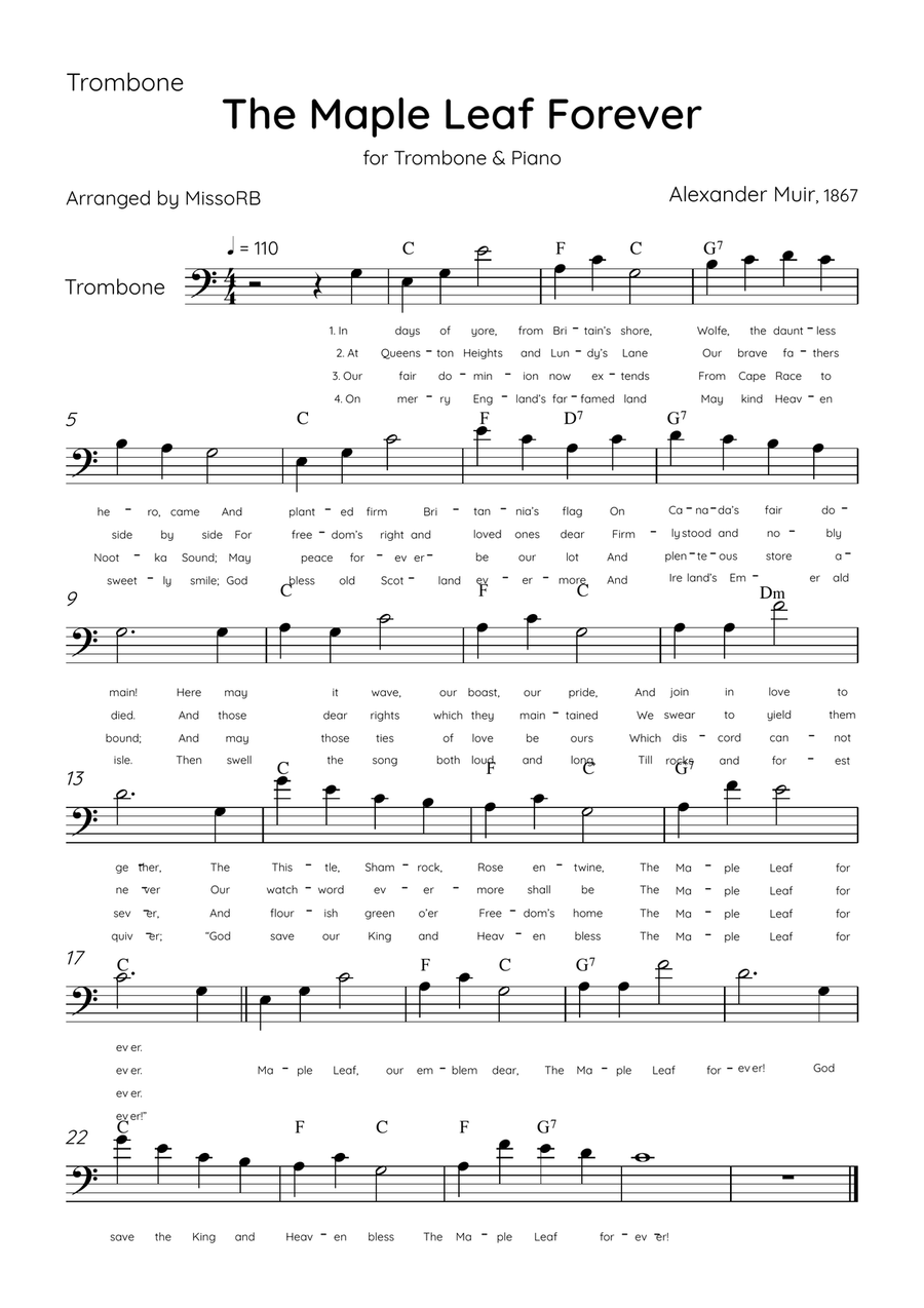 The Maple Leaf Forever - Trombone & Piano in C Major With Chords & Lyrics Piano Accompaniment scores gallery preview page 3