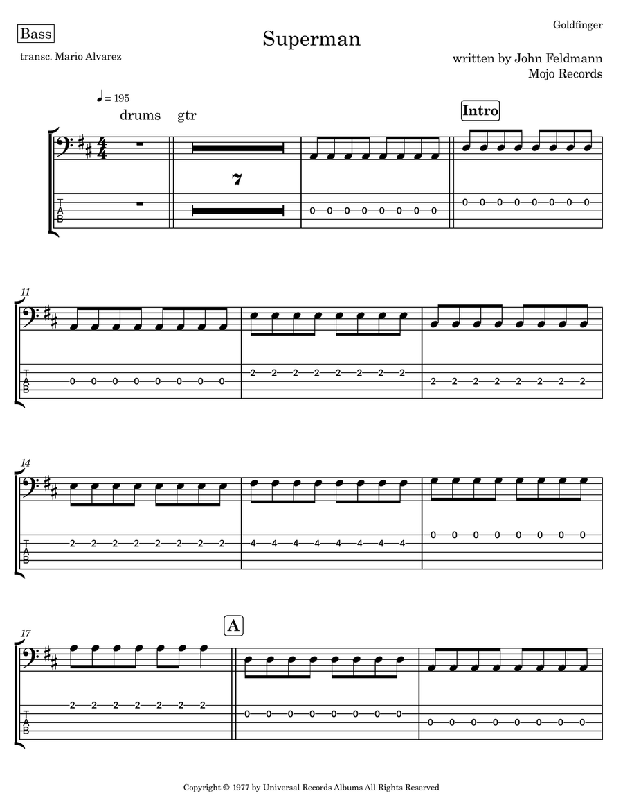 Superman Superman Bass Guitar Tablature scores gallery preview page 1