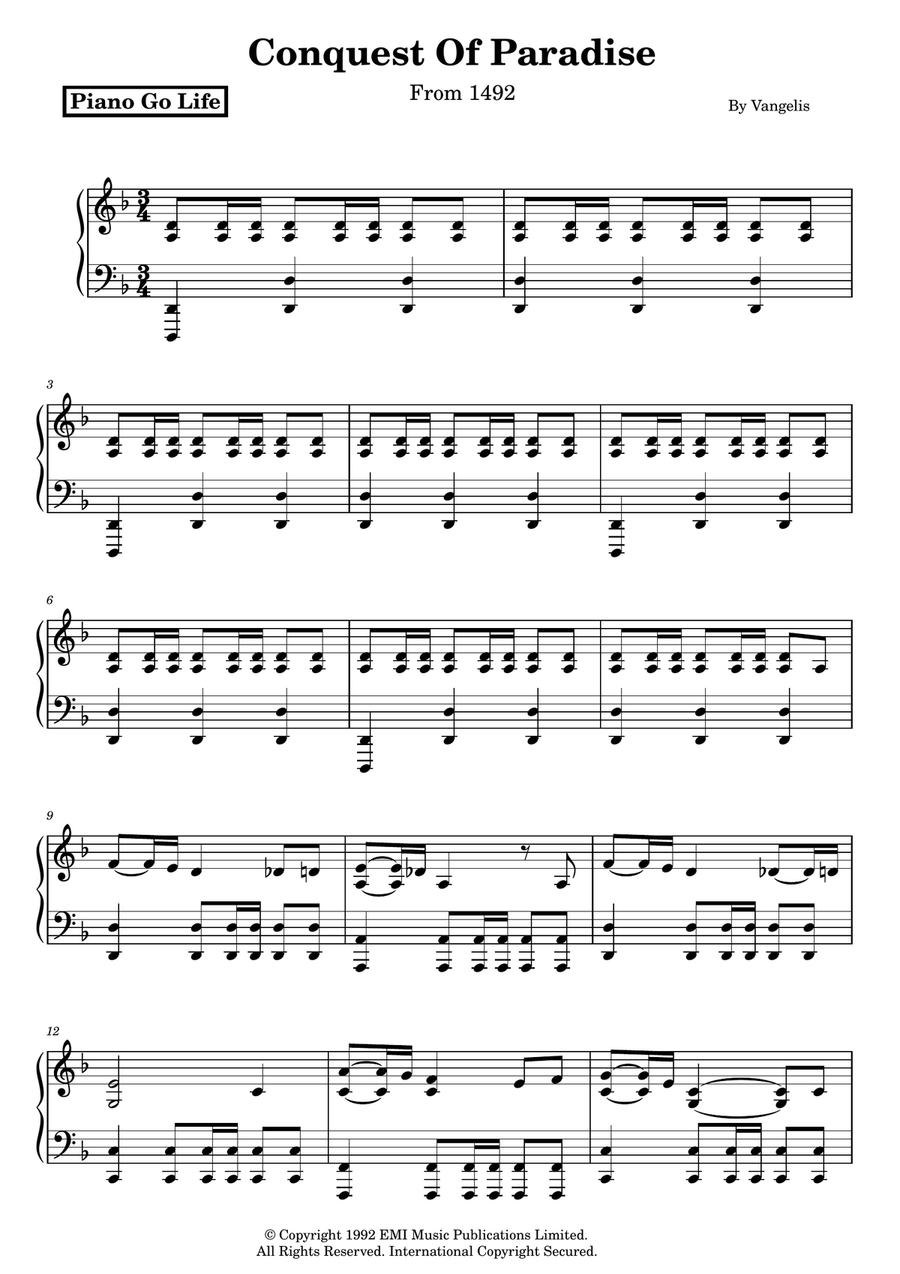 Conquest Of Paradise Conquest Of Paradise Piano Solo scores gallery preview page 1