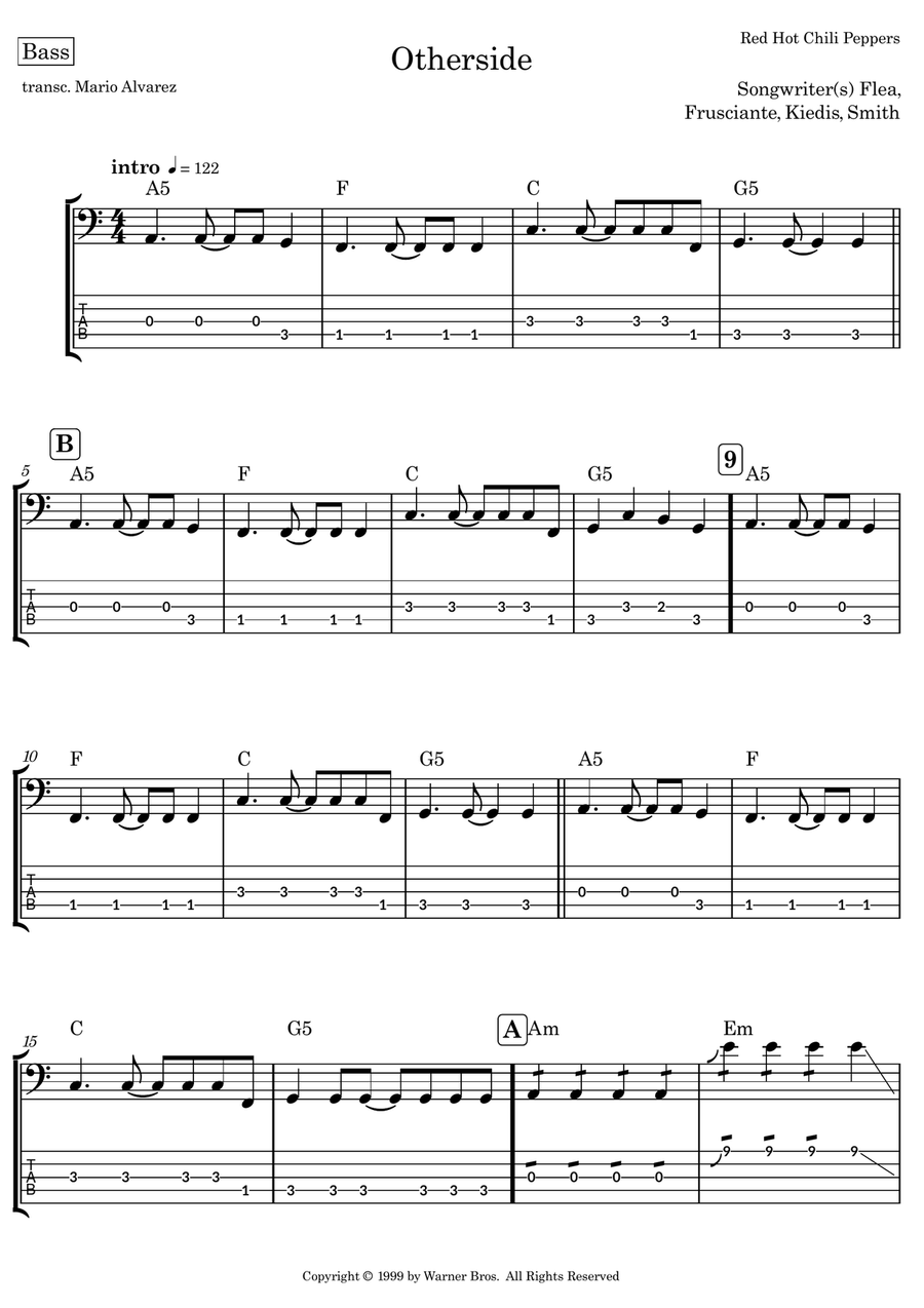 Otherside Otherside Bass Guitar Tablature scores gallery preview page 1
