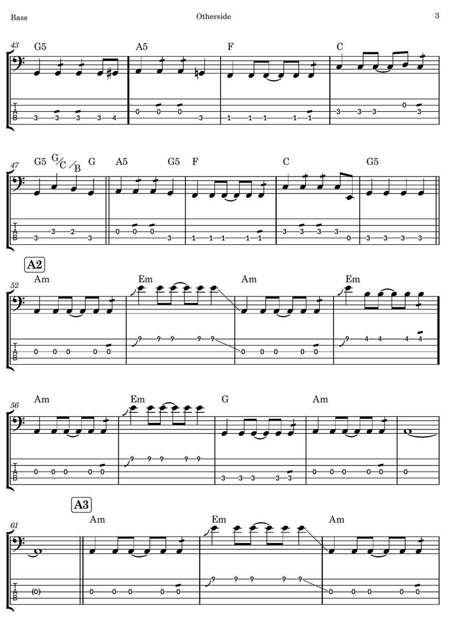 Otherside Otherside Bass Guitar Tablature scores gallery preview page 3
