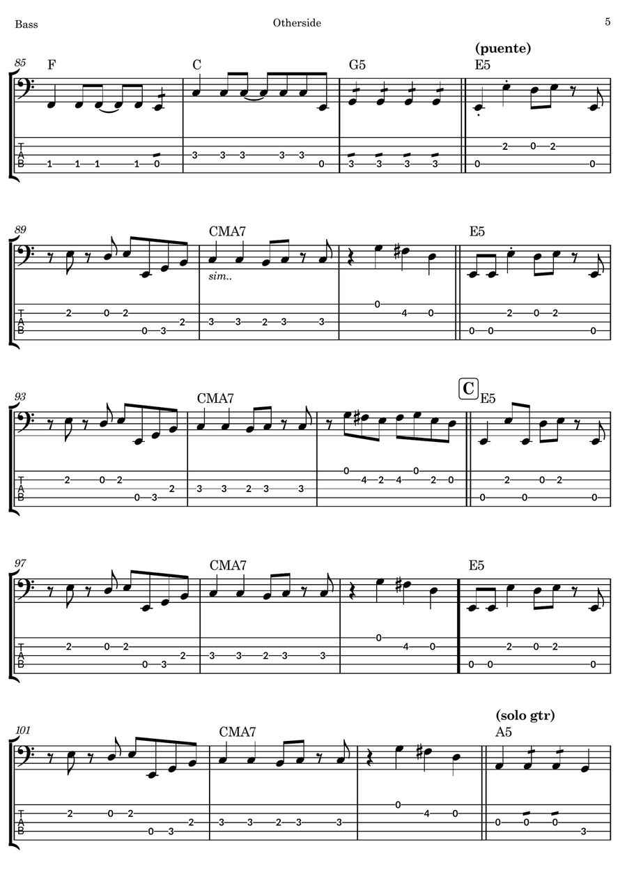 Otherside Otherside Bass Guitar Tablature scores gallery preview page 5