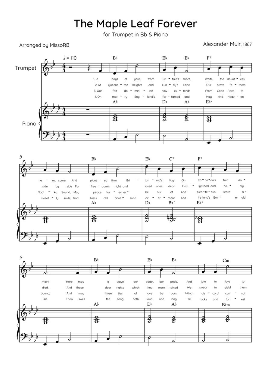 The Maple Leaf Forever - Trumpet & Piano in Ab Major With Chords & Lyrics B-Flat Trumpet scores gallery preview page 1