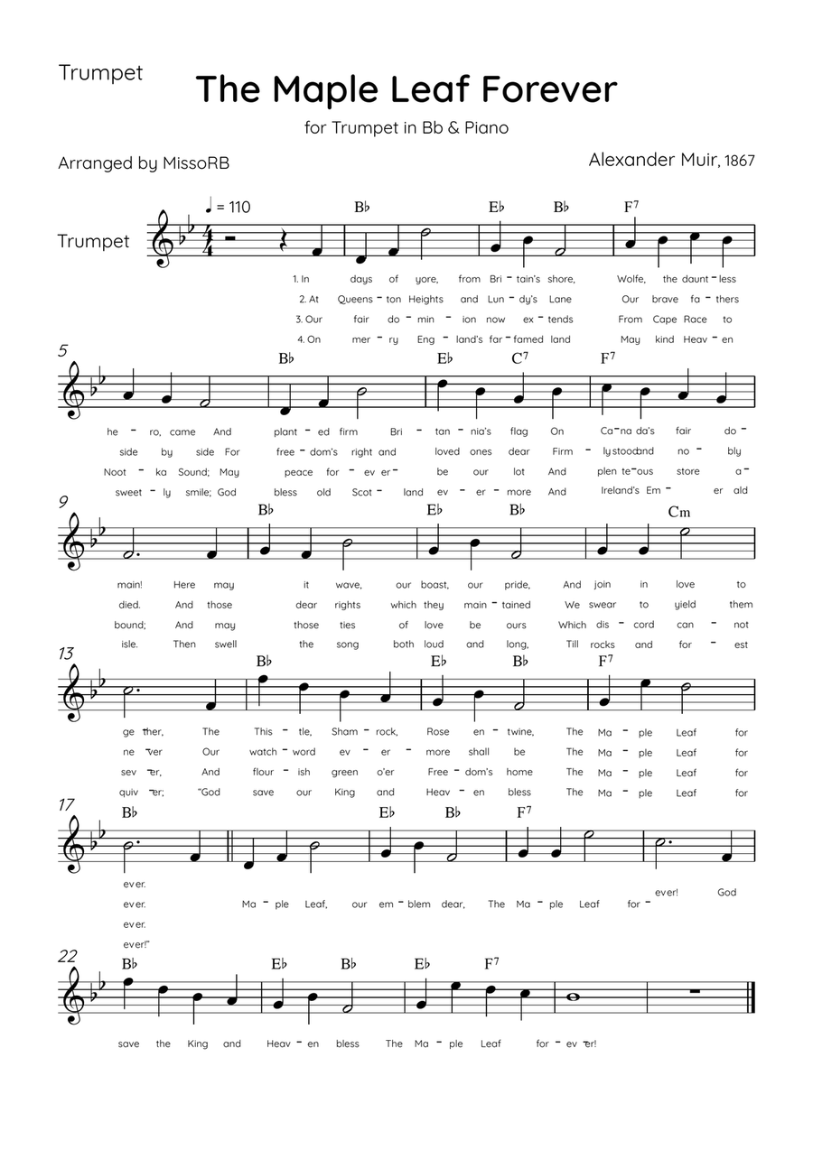 The Maple Leaf Forever - Trumpet & Piano in Ab Major With Chords & Lyrics B-Flat Trumpet scores gallery preview page 3