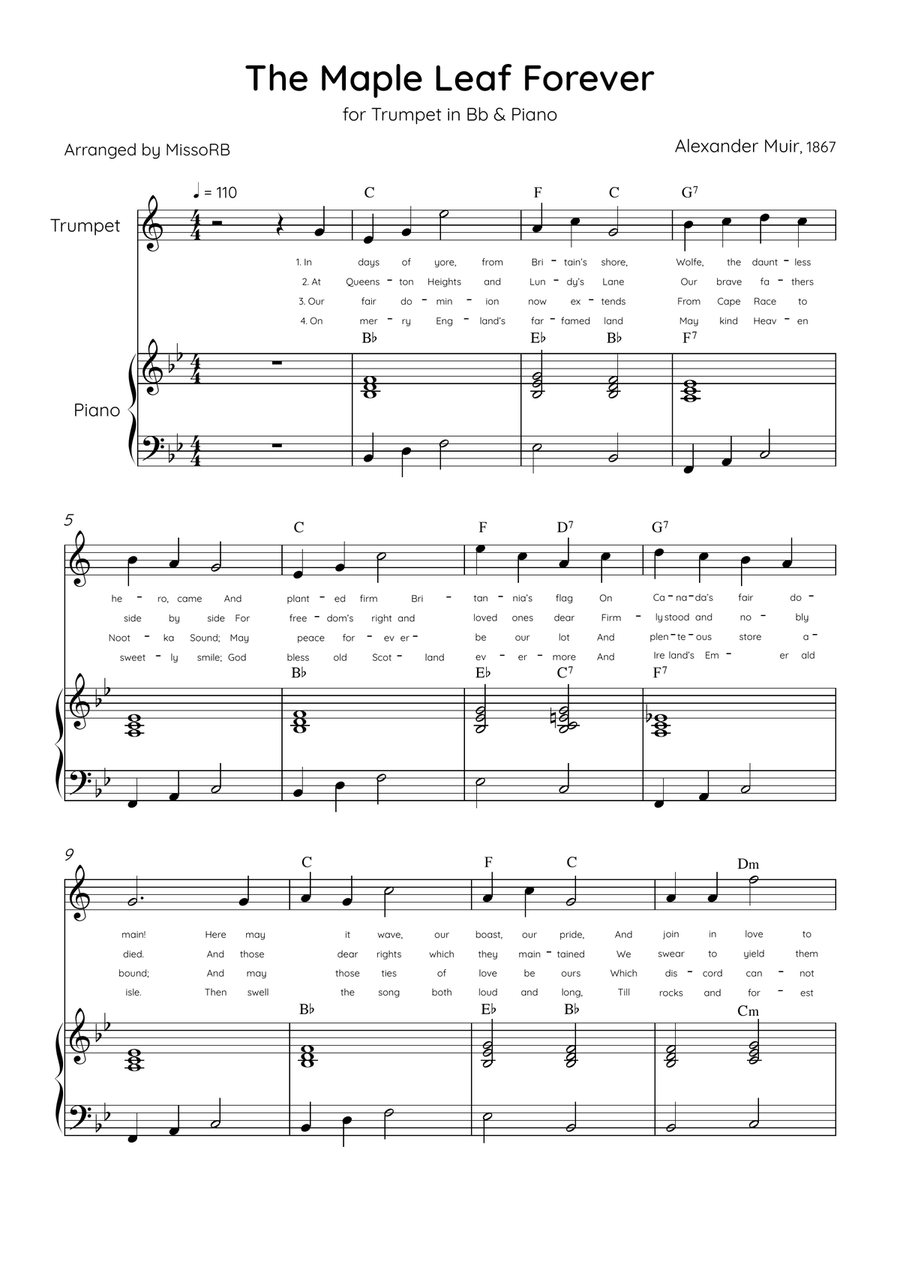 The Maple Leaf Forever - Trumpet & Piano in Bb Major With Chords & Lyrics B-Flat Trumpet scores gallery preview page 1