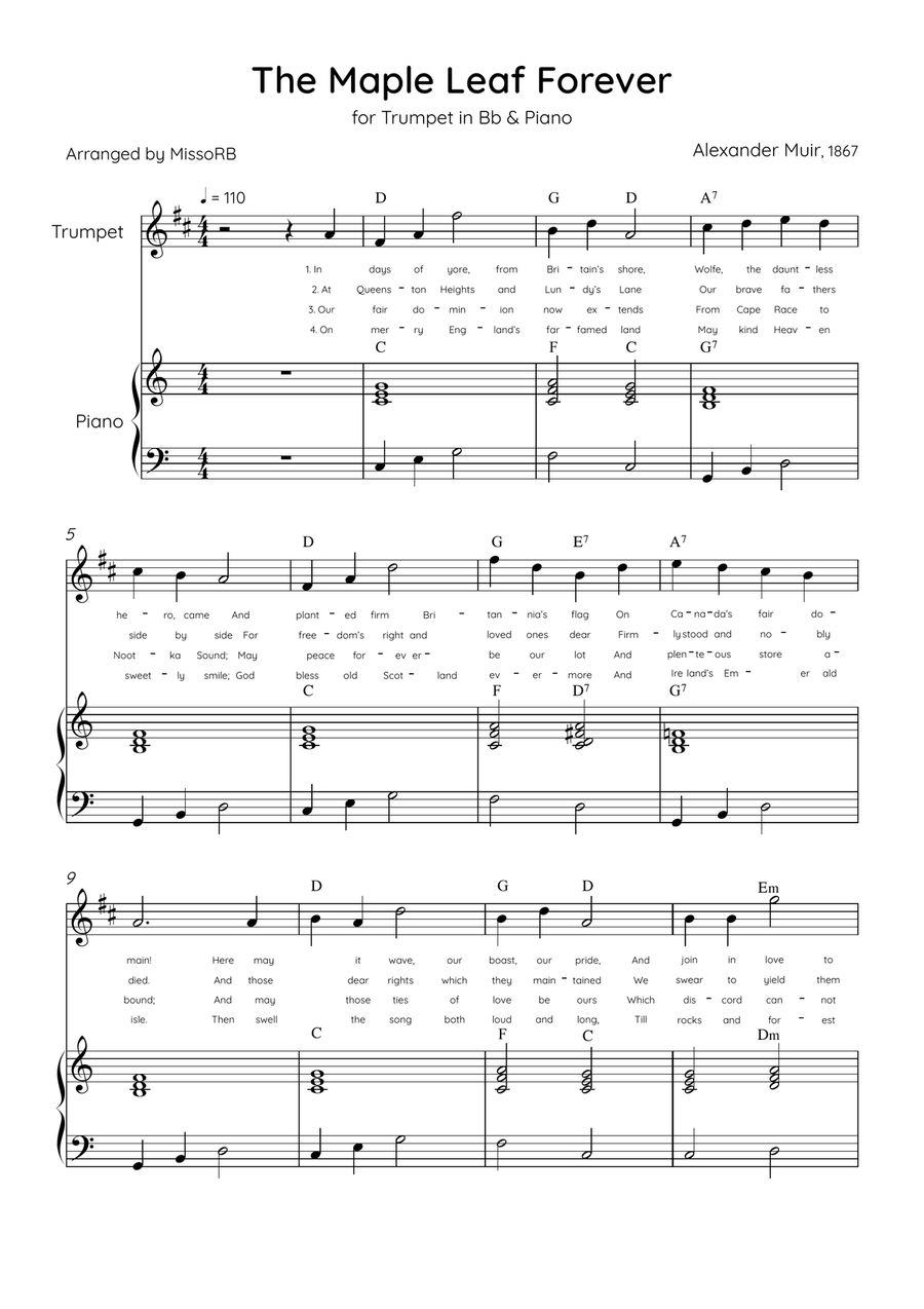 The Maple Leaf Forever - Trumpet & Piano in C Major With Chords & Lyrics B-Flat Trumpet scores gallery preview page 1