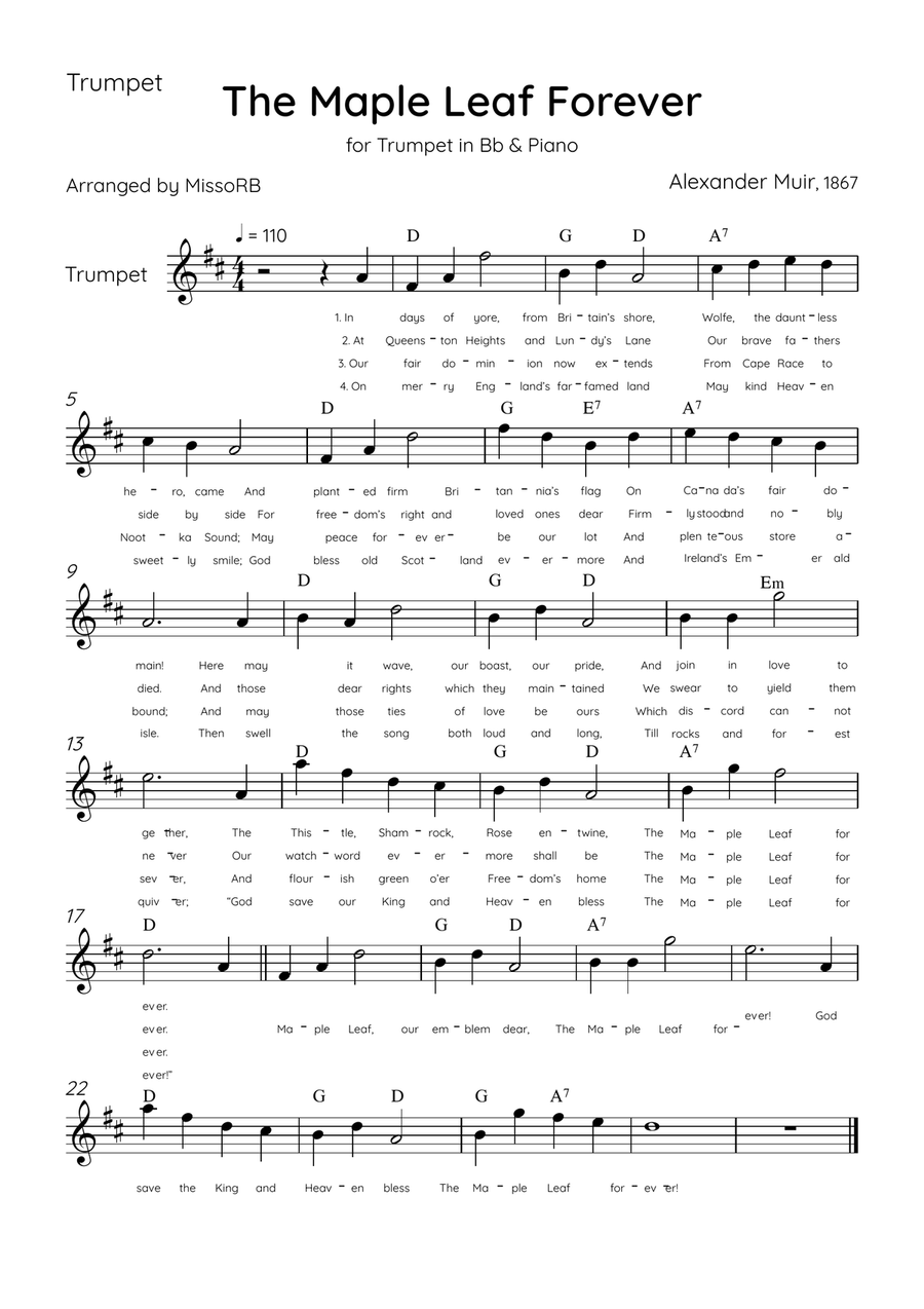 The Maple Leaf Forever - Trumpet & Piano in C Major With Chords & Lyrics B-Flat Trumpet scores gallery preview page 3