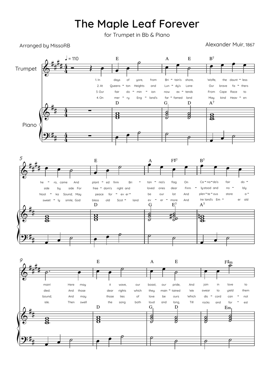 The Maple Leaf Forever - Trumpet & Piano in D Major With Chords & Lyrics B-Flat Trumpet scores gallery preview page 1