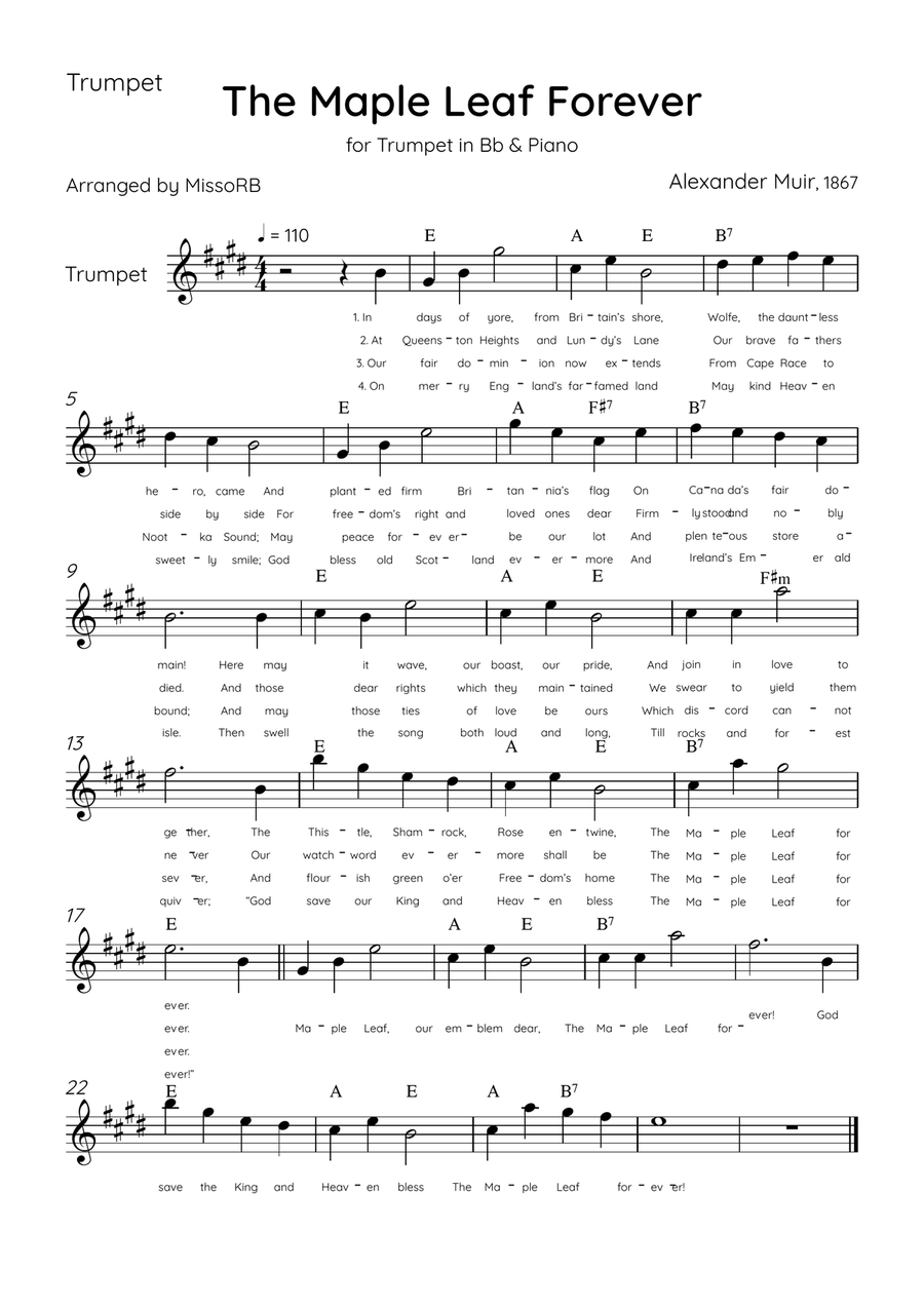 The Maple Leaf Forever - Trumpet & Piano in D Major With Chords & Lyrics B-Flat Trumpet scores gallery preview page 3