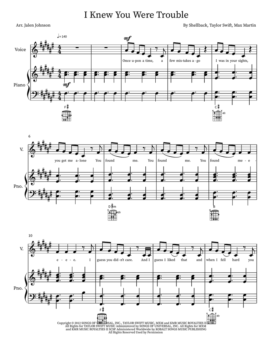 I Knew You Were Trouble I Knew You Were Trouble Piano, Vocal scores gallery preview page 1
