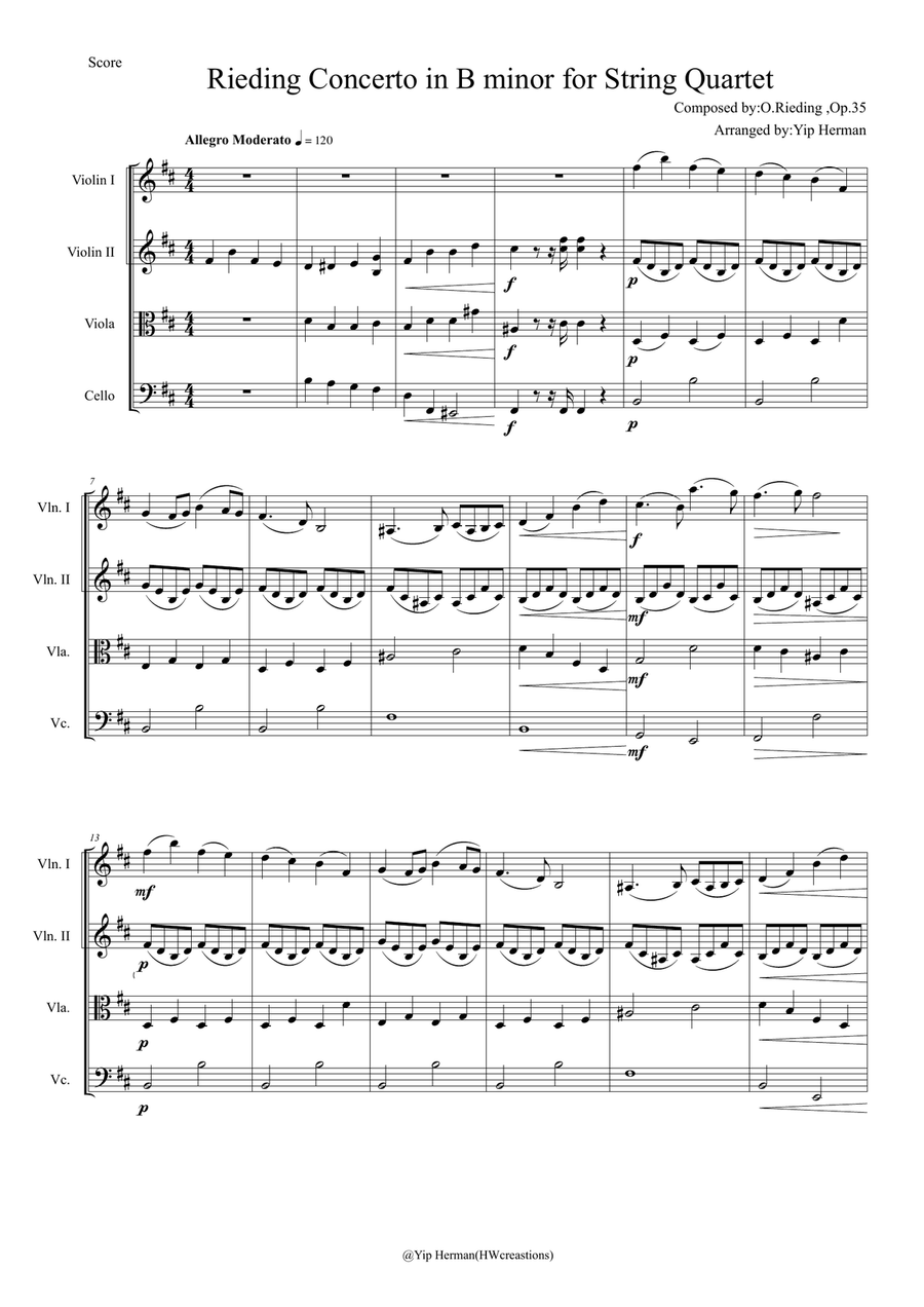 Rieding Violin Concerto for string quartet ,op.35 String Quartet scores gallery preview page 1