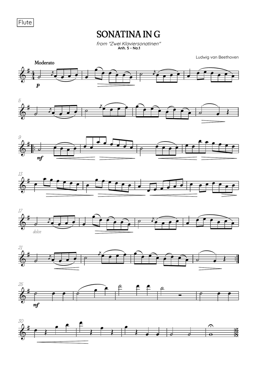 Beethoven: Sonatina in G, Anh. 5 No. 1 (Moderato & Romanze) | flute sheet music Flute Solo scores gallery preview page 1