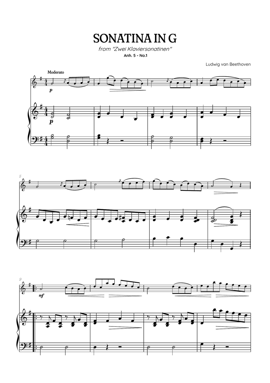 Beethoven: Sonatina in G, Anh. 5 No. 1 | flute sheet music w/ piano accompaniment Flute Solo scores gallery preview page 1