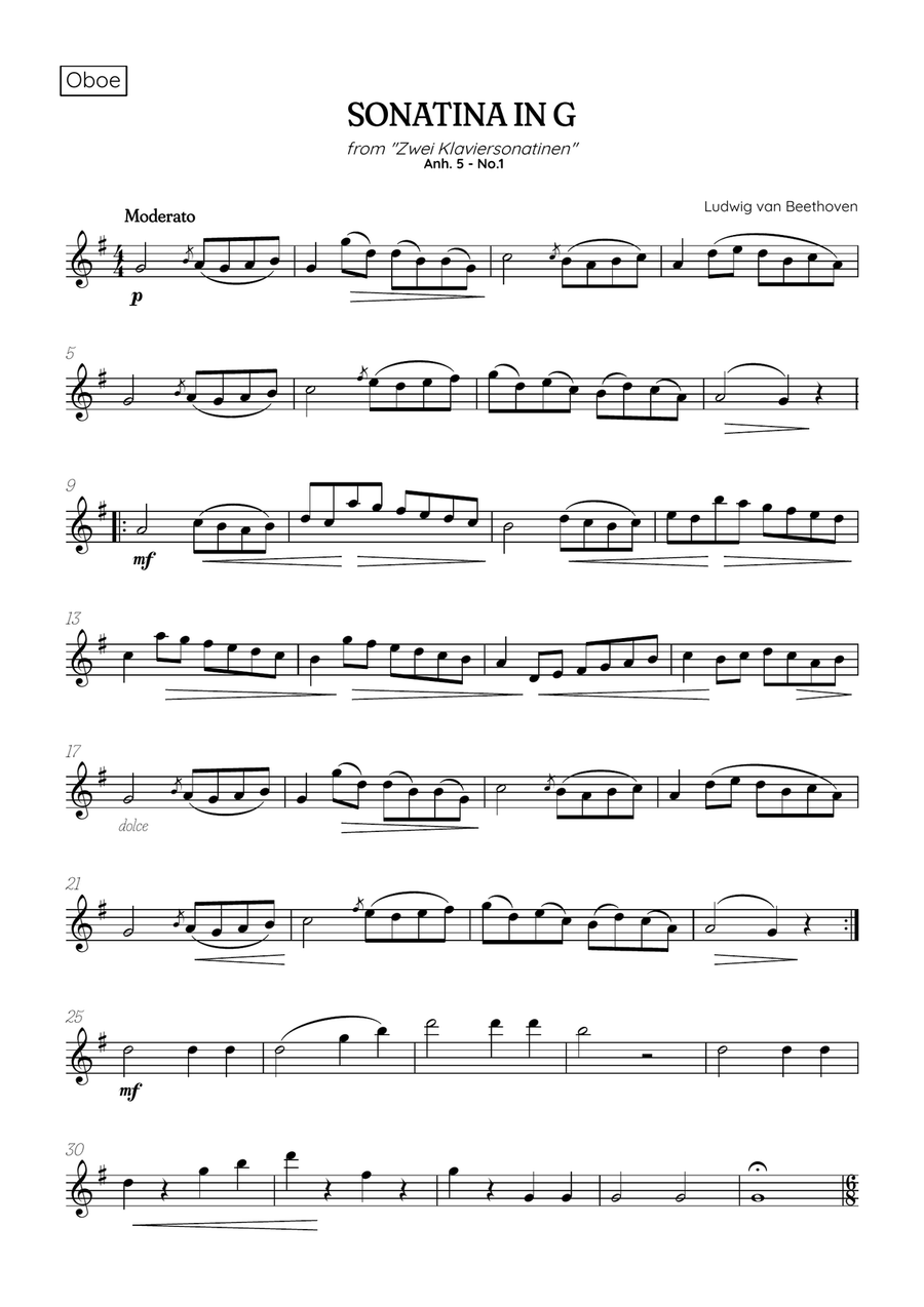 Beethoven: Sonatina in G, Anh. 5 No. 1 (Moderato & Romanze) | oboe sheet music Oboe Solo scores gallery preview page 1