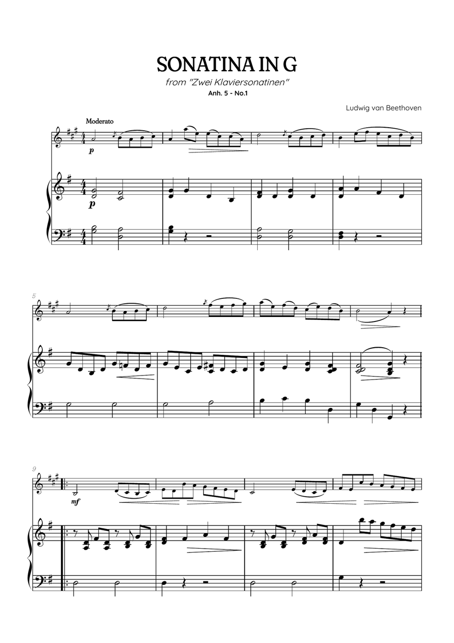 Beethoven: Sonatina in G, Anh. 5 No. 1 | trumpet sheet music w/ piano accompaniment B-Flat Trumpet scores gallery preview page 1