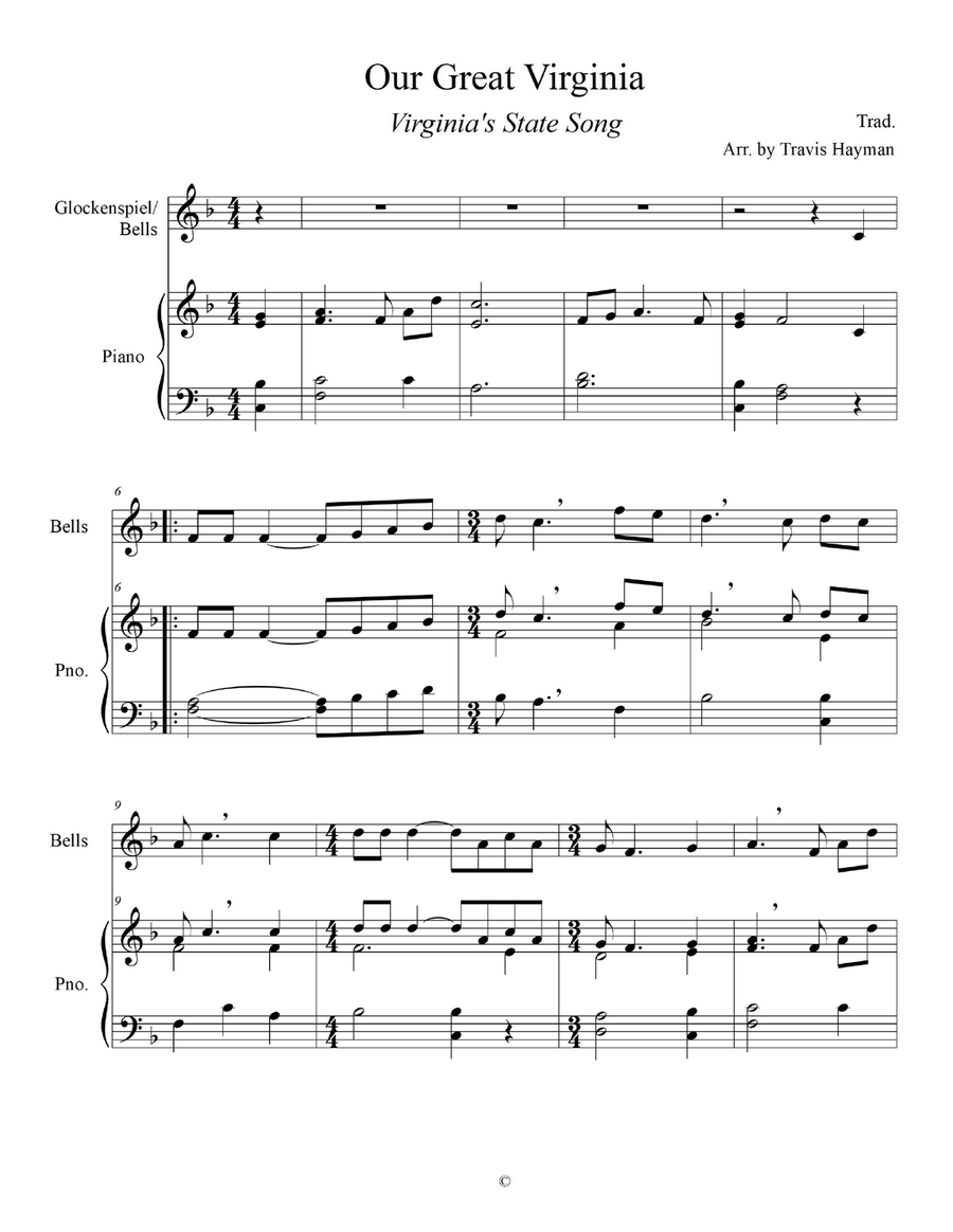 Our Great Virginia - for Glockenspiel/Bells with Piano Accompaniment Piano scores gallery preview page 3