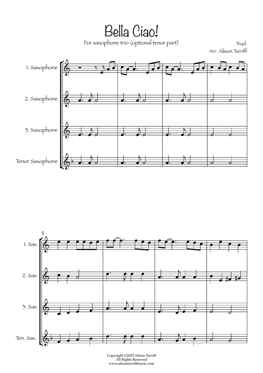 Bella Ciao for 3 saxophones (easy) - with optional tenor saxophone part Woodwind Trio scores gallery preview page 2