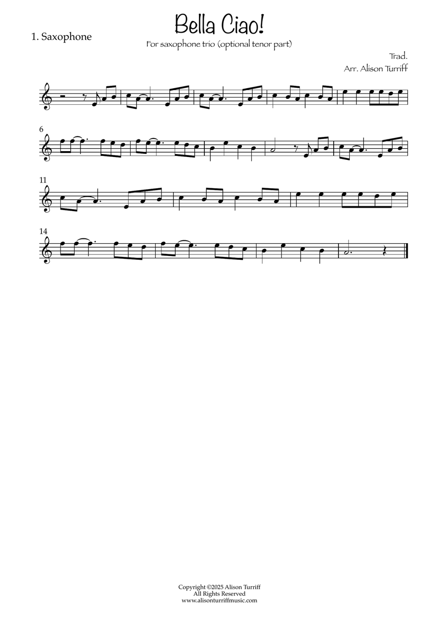 Bella Ciao for 3 saxophones (easy) - with optional tenor saxophone part Woodwind Trio scores gallery preview page 4