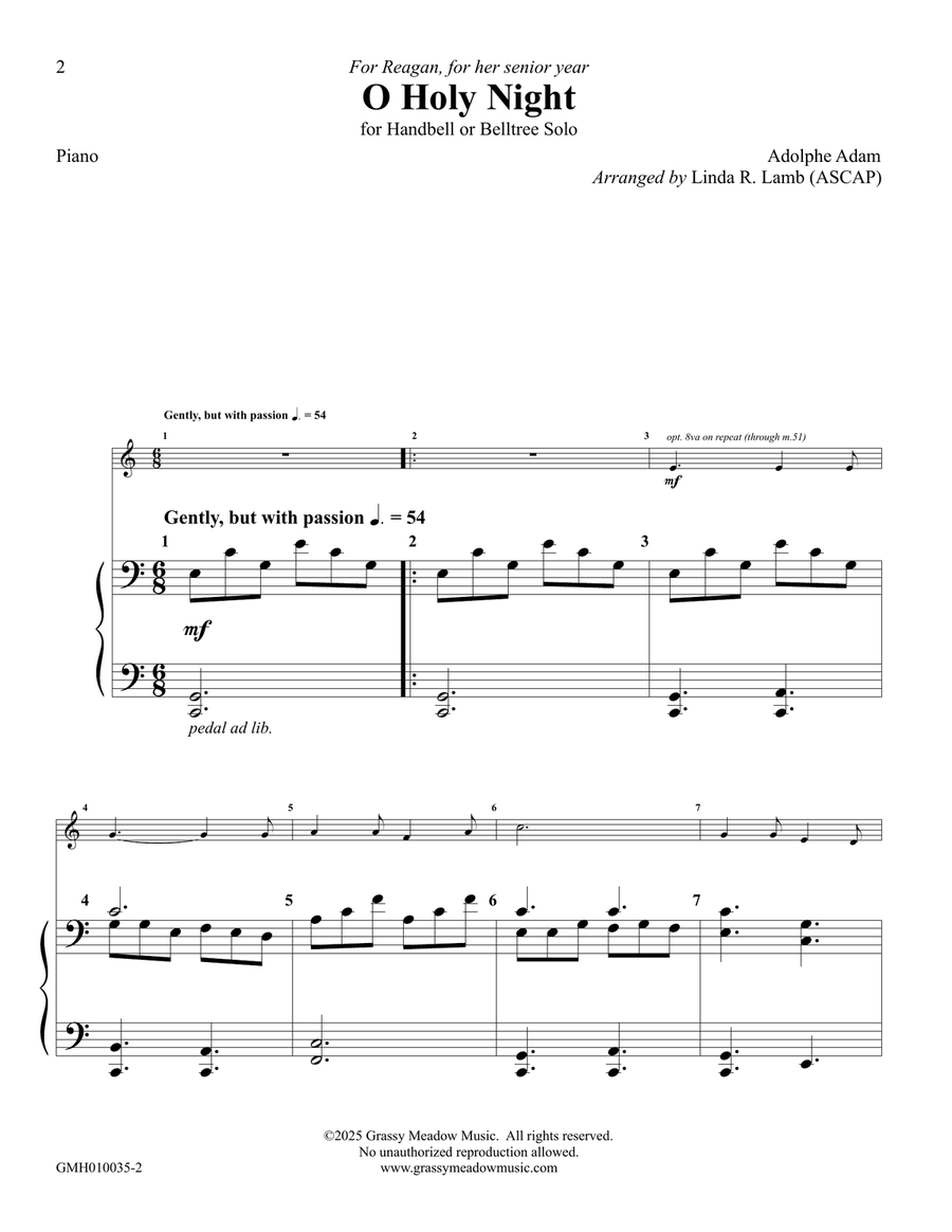O Holy Night for Handbell or Belltree Solo (for handbell solo with piano accompaniment) Handbell Choir scores gallery preview page 2