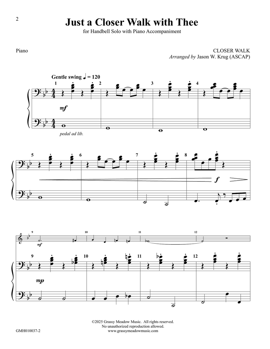 Just a Closer Walk with Thee (for handbell solo with piano accompaniment) Handbell Choir scores gallery preview page 2
