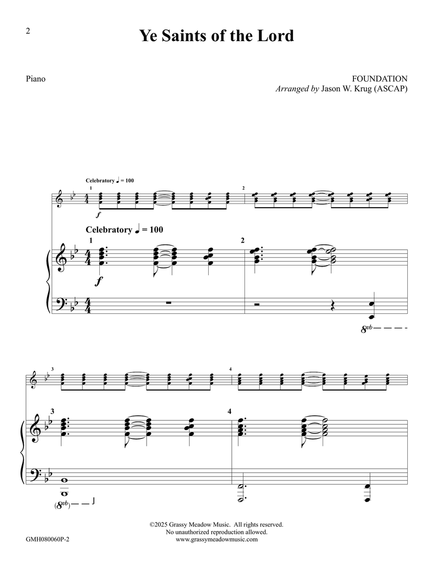 Ye Saints of the Lord – piano accompaniment to 8 bell version Handbell Choir scores gallery preview page 2