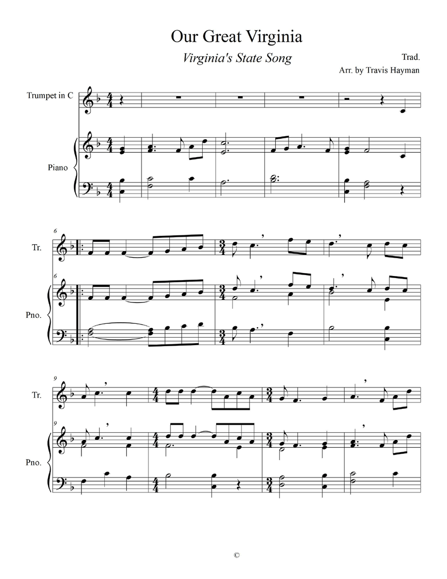 Our Great Virginia - for Trumpet in C with Piano Accompaniment C Trumpet scores gallery preview page 3