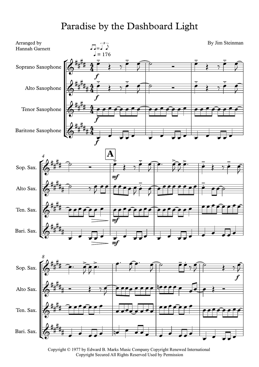Paradise By The Dashboard Light Saxophone Quartet scores gallery preview page 1