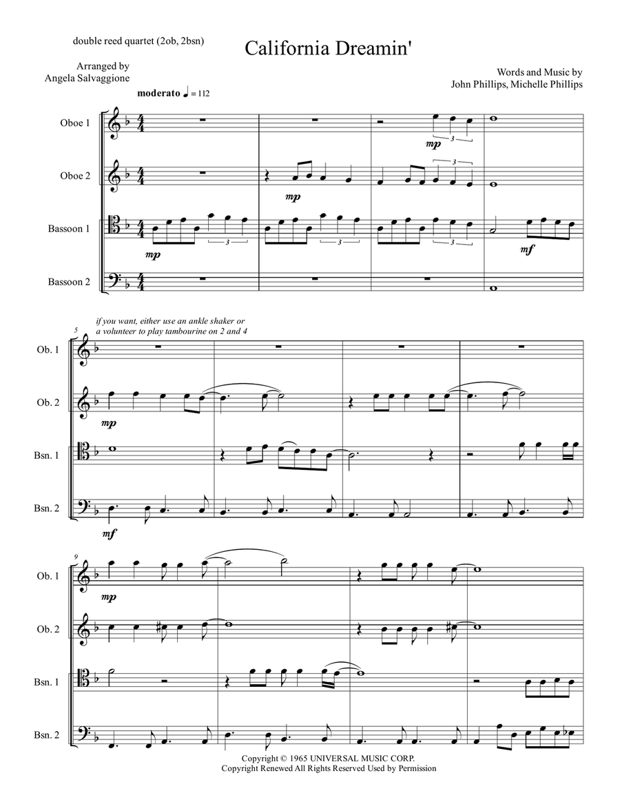 California Dreamin' California Dreamin' Woodwind Quartet scores gallery preview page 1