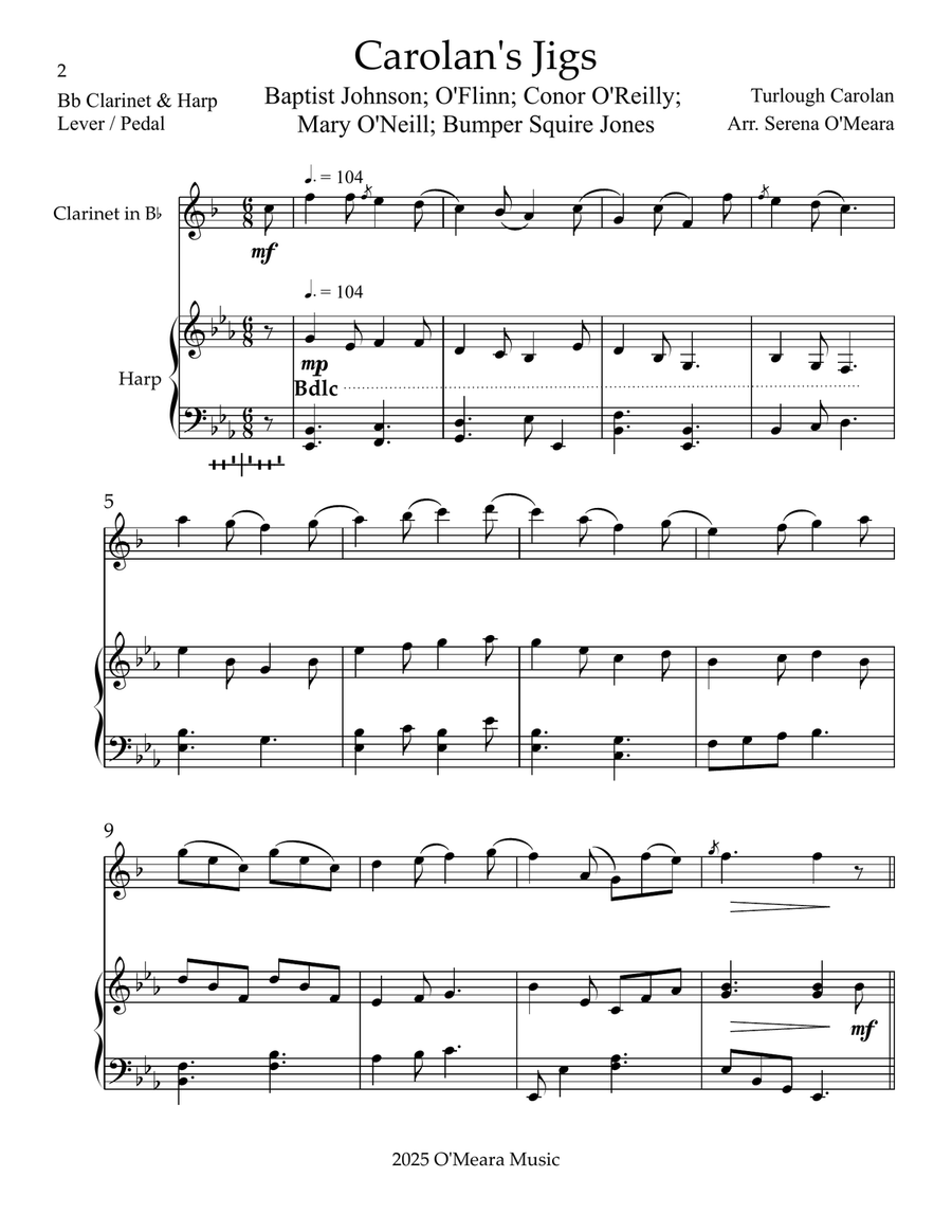 Carolan’s Jigs, Duet for Bb Clarinet & Harp B-Flat Clarinet scores gallery preview page 2