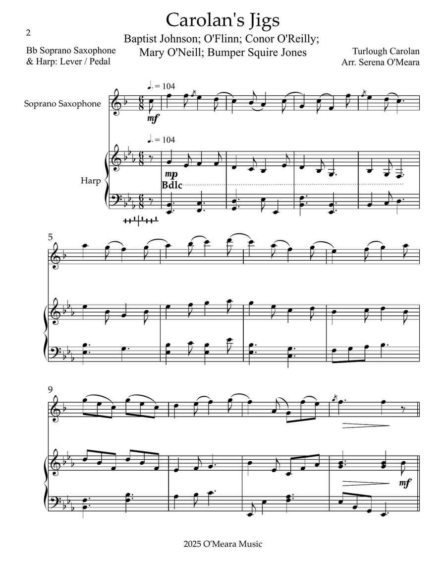 Carolan’s Jigs, Duet for Bb Soprano Saxophone & Harp Soprano Saxophone scores gallery preview page 2