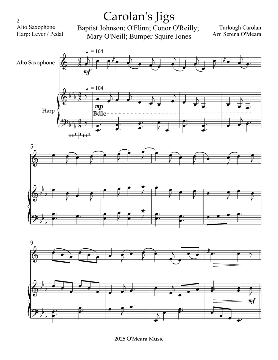 Carolan’s Jigs, Duet for Eb Alto Saxophone & Harp Alto Saxophone scores gallery preview page 2