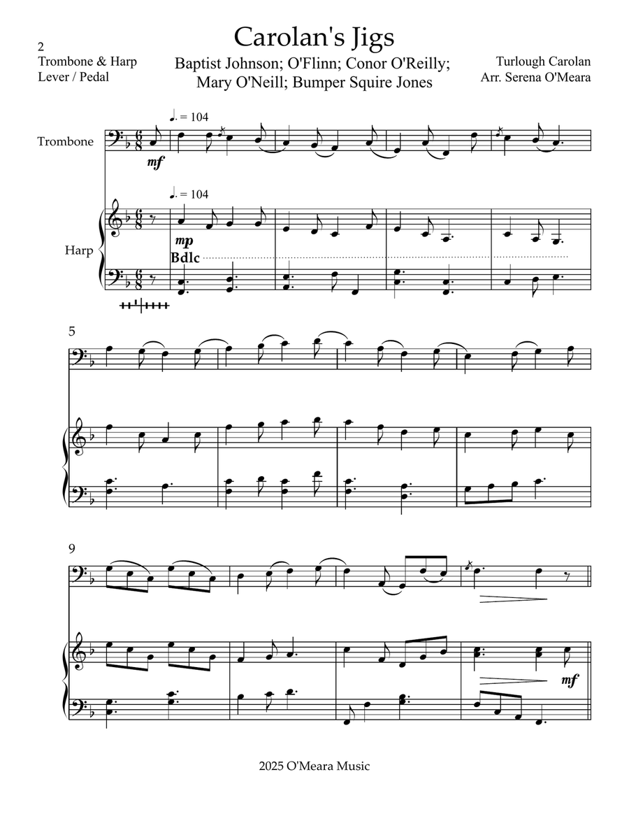 Carolan’s Jigs, Duet for Trombone & Harp Trombone Duet scores gallery preview page 2
