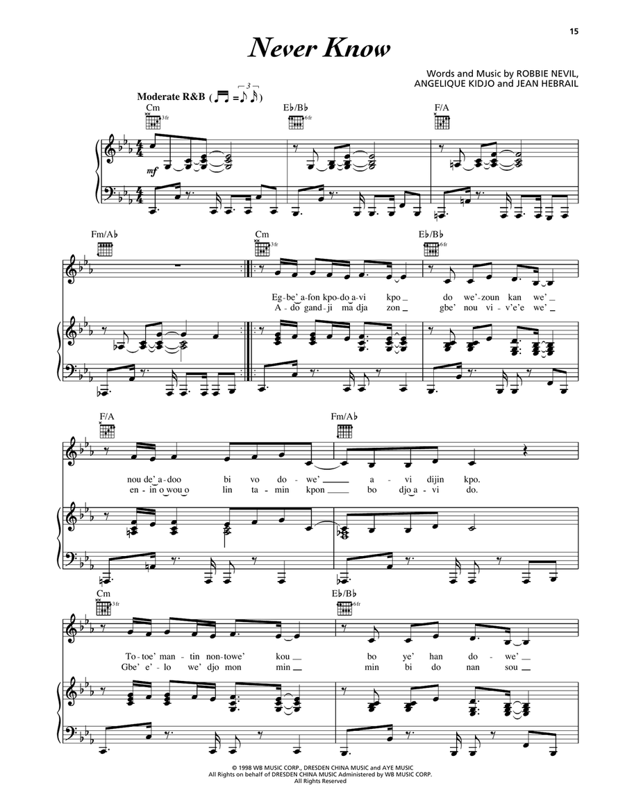 Never Know Never Know Piano, Vocal, Guitar scores gallery preview page 1