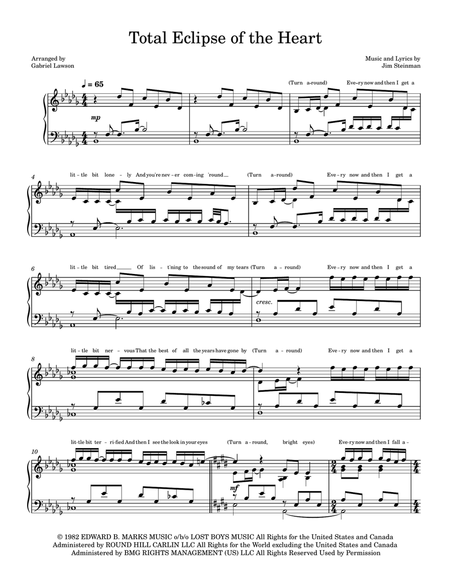 Total Eclipse Of The Heart Piano Solo scores gallery preview page 1