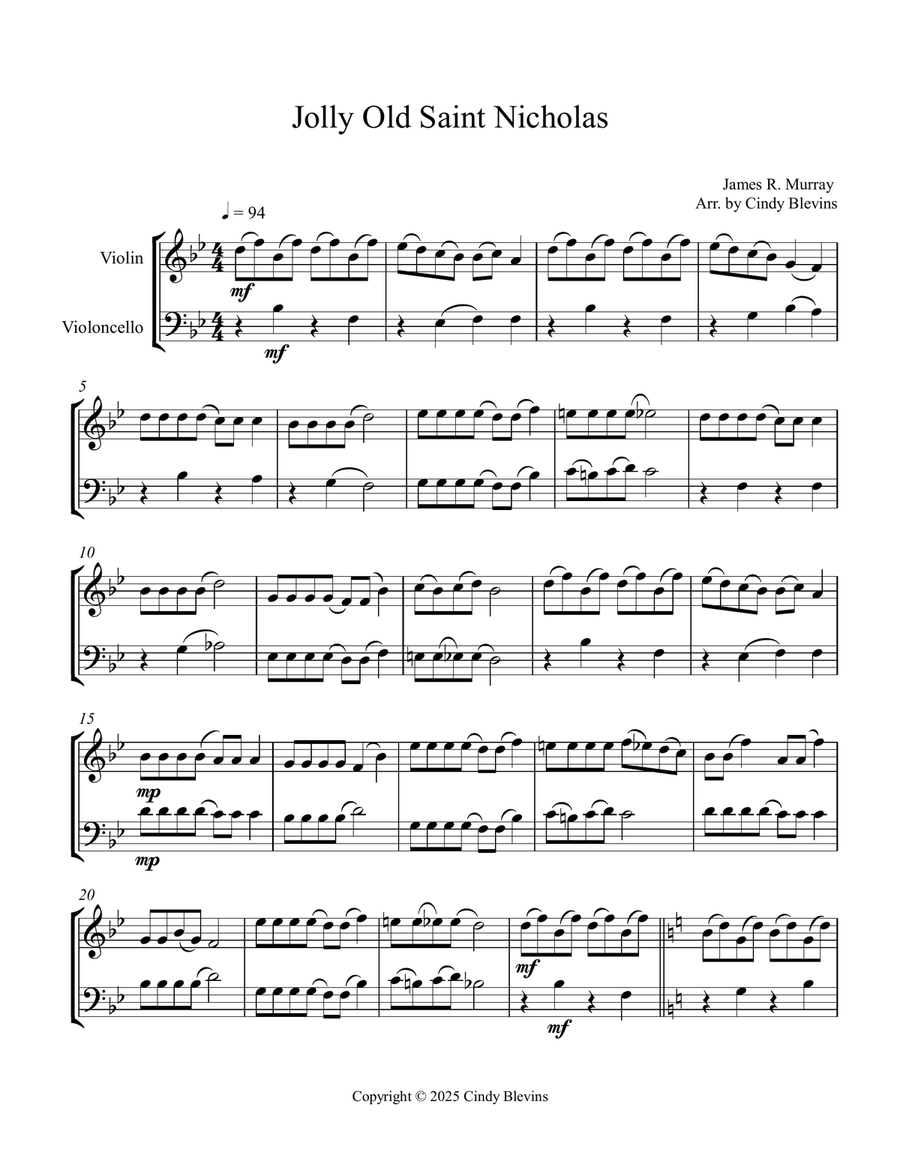 Jolly Old Saint Nicholas, for Violin and Cello String Duet scores gallery preview page 3
