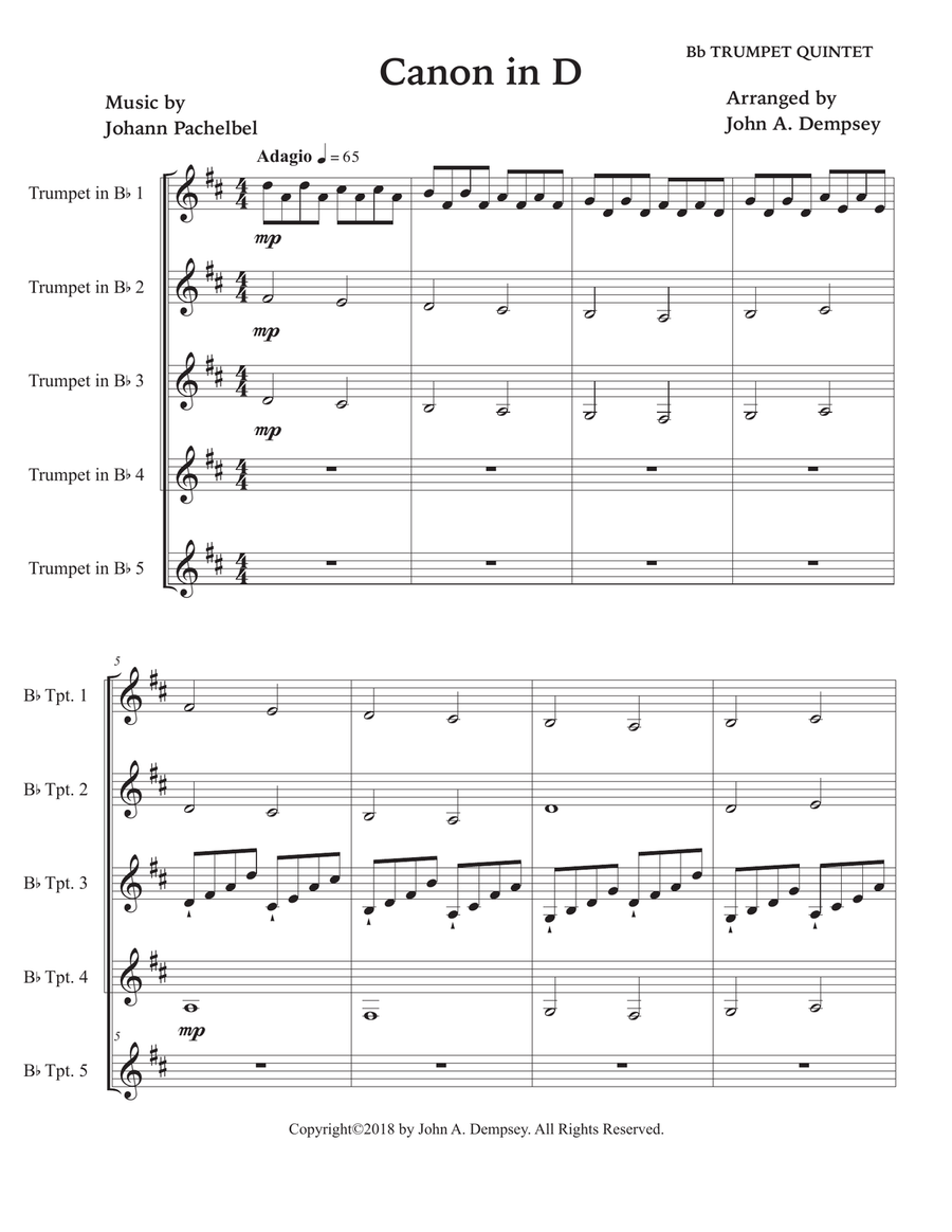 Canon in D (in C Major): Trumpet Quintet Brass Quintet scores gallery preview page 5