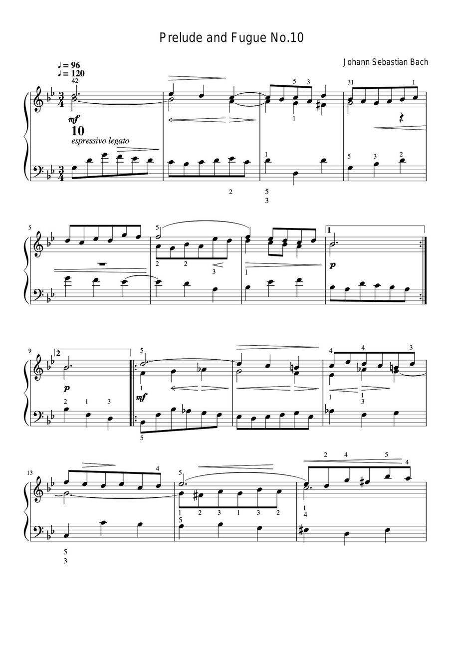 Prelude and Fugue No.10 - Johann Sebastian Bach Easy Piano scores gallery preview page 1