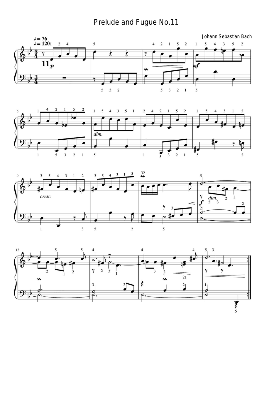 Prelude and Fugue No.11 - Johann Sebastian Bach Easy Piano scores gallery preview page 1