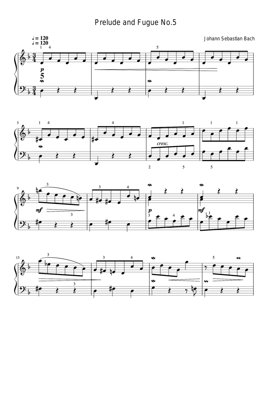 Prelude and Fugue No.5 - Johann Sebastian Bach Easy Piano scores gallery preview page 1