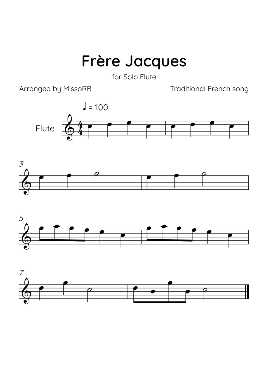Frère Jacques - Solo Flute in C Major Flute Solo scores gallery preview page 1